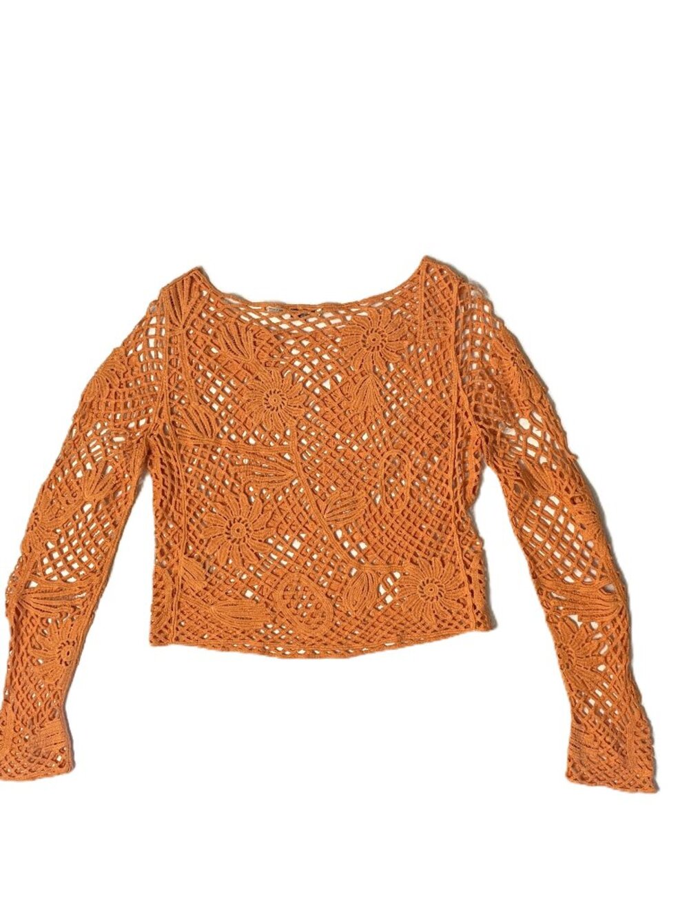 Paparazzi Crochet Mesh Open Knit Top Orange Med Long Sleeve Boho Festival Beach - Picture 14 of 16